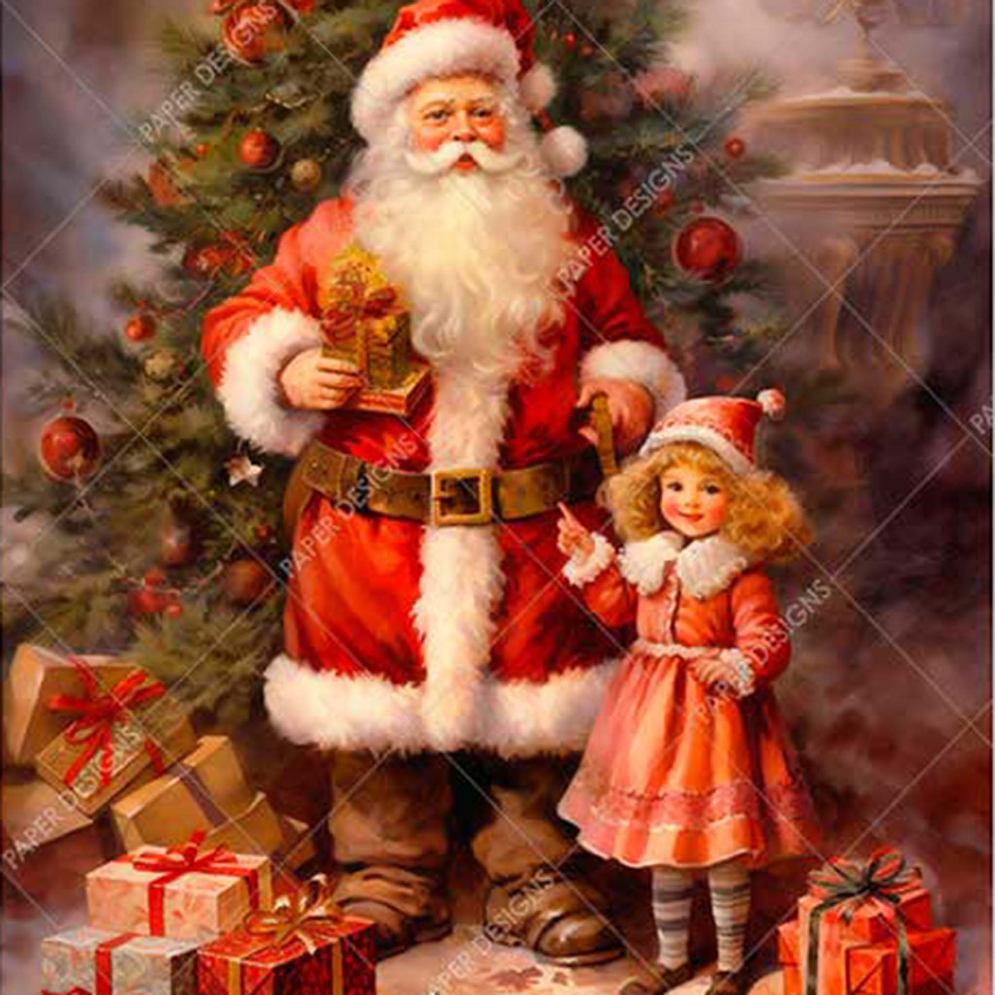 A3 rice paper design featuring a Victorian Santa with an adorable little girl in front of a festive Christmas tree. 