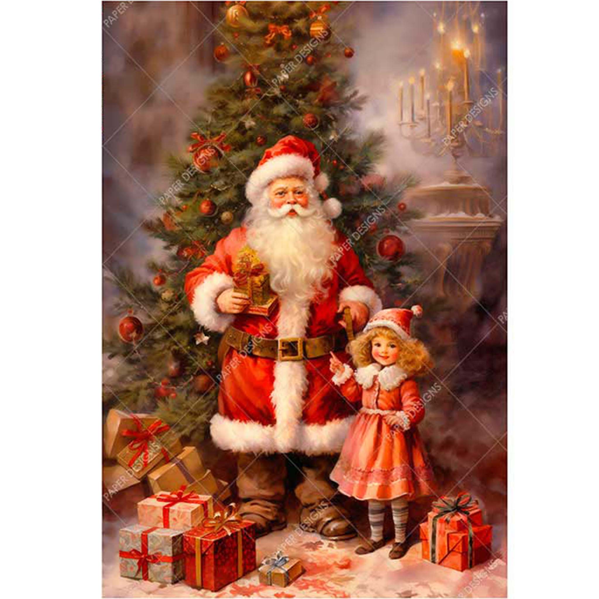 A3 rice paper design featuring a Victorian Santa with an adorable little girl in front of a festive Christmas tree. White borders are on the sides.