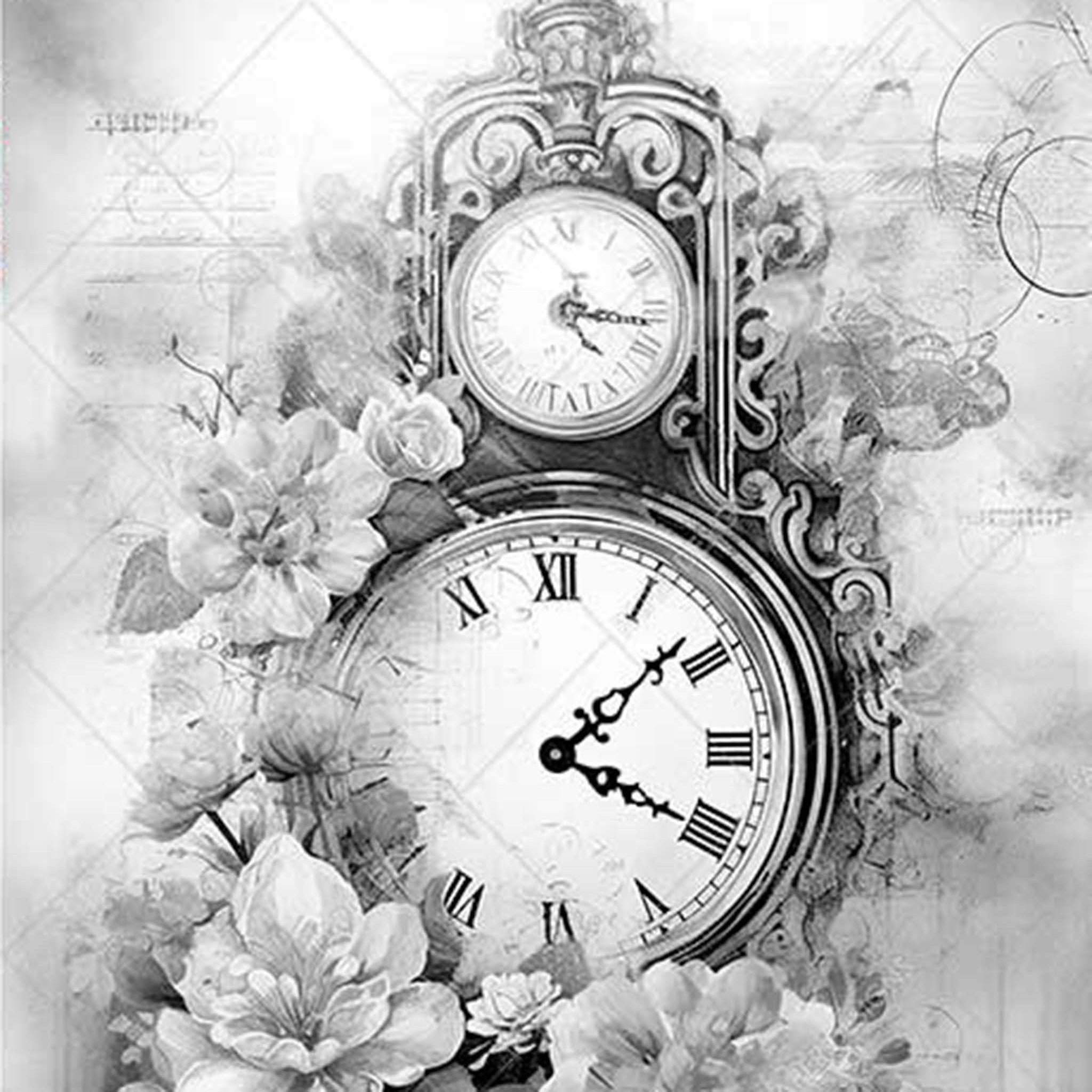 A3 rice paper design featuring a black and white image of an ornate clock surrounded by delicate flowers.