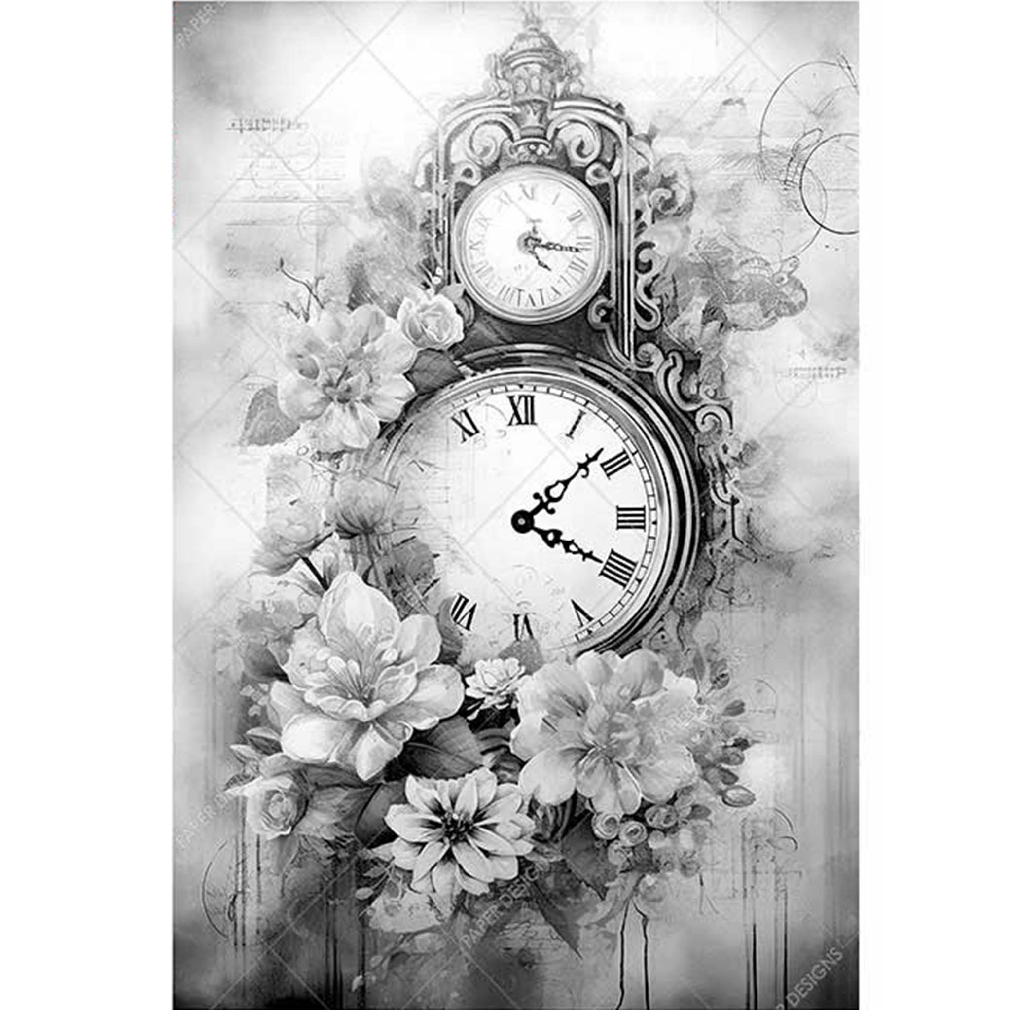 A3 rice paper design featuring a black and white image of an ornate clock surrounded by delicate flowers. White borders are on the sides.