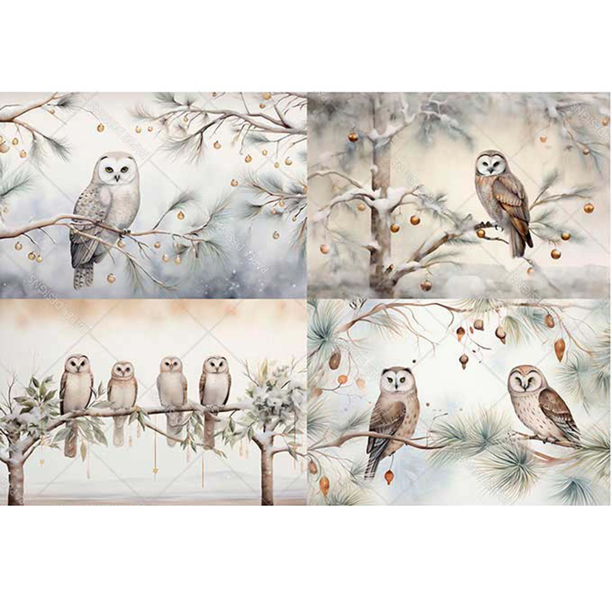 A3 rice paper design featuring 4 scenes of owls perched on snowy tree branches.