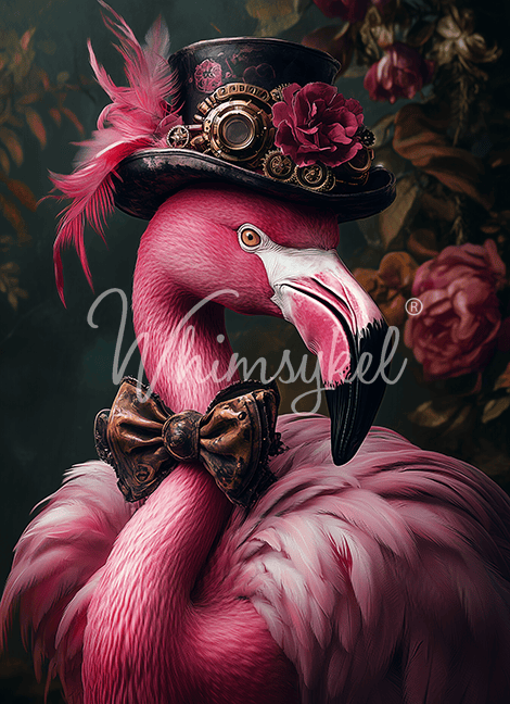 Full 21x29 sheet of Whimsykel Pink Flamingear tissue decoupage paper for furniture—pink flamingo with steampunk hat and bow tie.