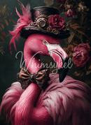 Full 21x29 sheet of Whimsykel Pink Flamingear tissue decoupage paper for furniture—pink flamingo with steampunk hat and bow tie.