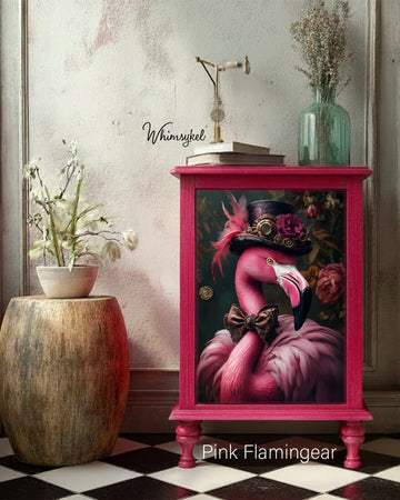 Whimsykel Pink Flamingear tissue decoupage paper on a hot pink nightstand cabinet door—pink flamingo steampunk portrait furniture decoupage.