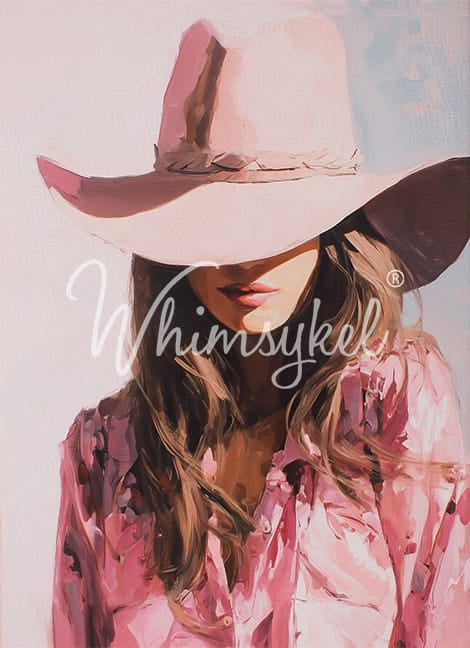 Whimsykel Pretty Tough decoupage paper full design with pink cowgirl portrait, blush shirt, and oversized hat