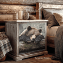 Nightstand makeover with Whimsykel Tuckered Teddy 21x29 tissue decoupage paper, rustic cabin bedroom furniture decoupage