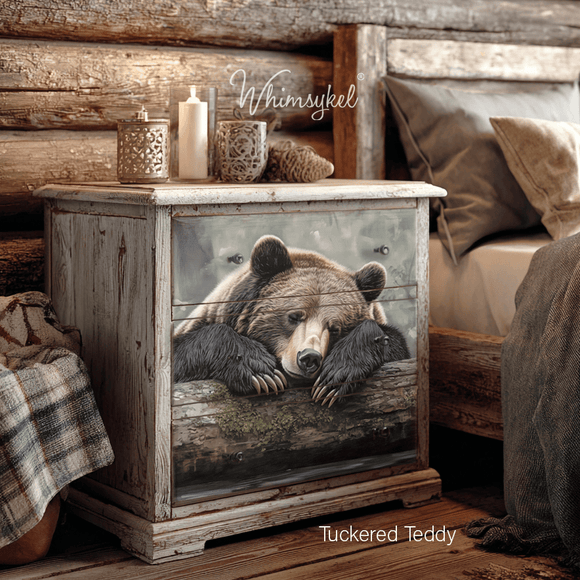 Nightstand makeover with Whimsykel Tuckered Teddy 21x29 tissue decoupage paper, rustic cabin bedroom furniture decoupage