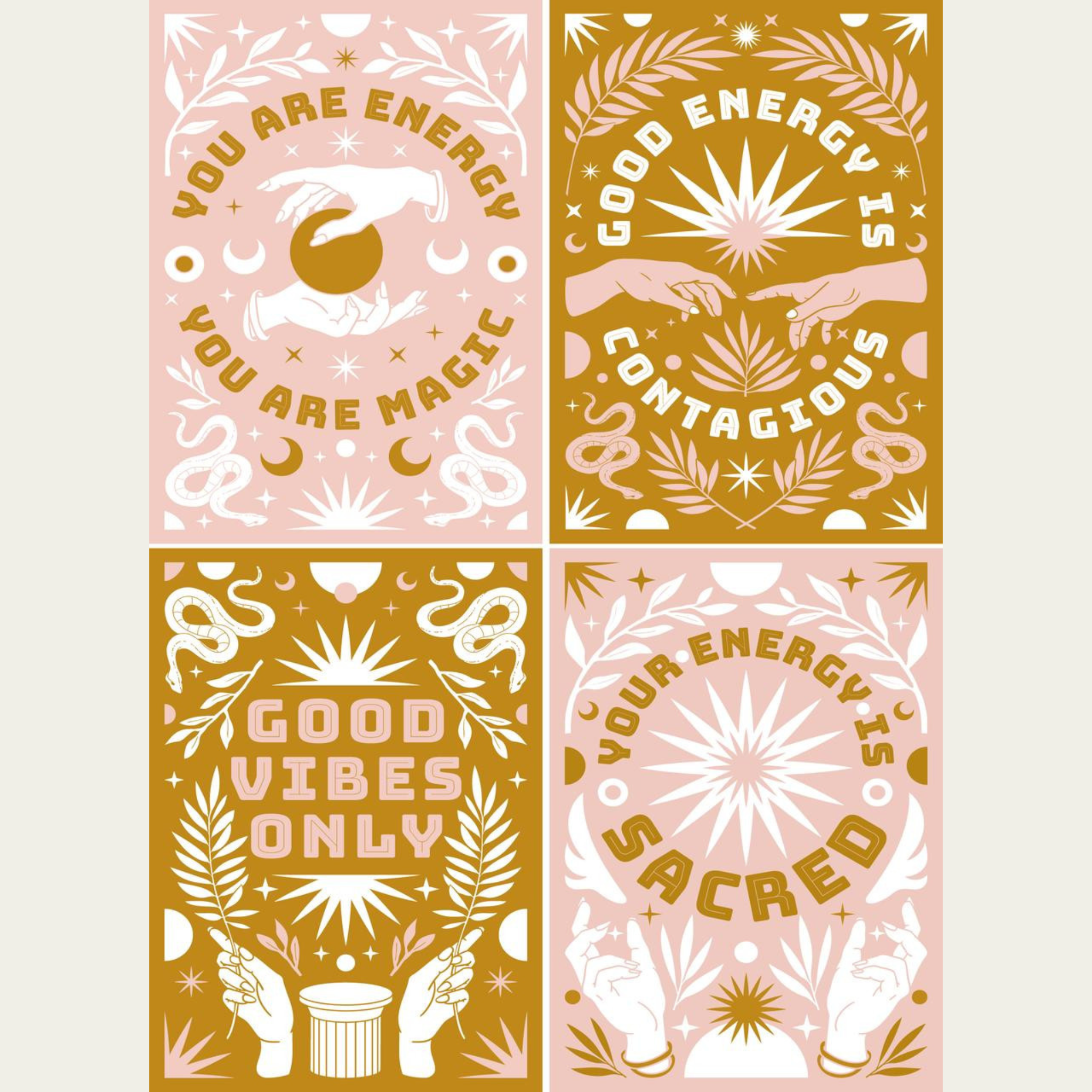 Decoupage paper features 4 designs in light pink and dark mustard feature positive energy quotes and pairs of hands.