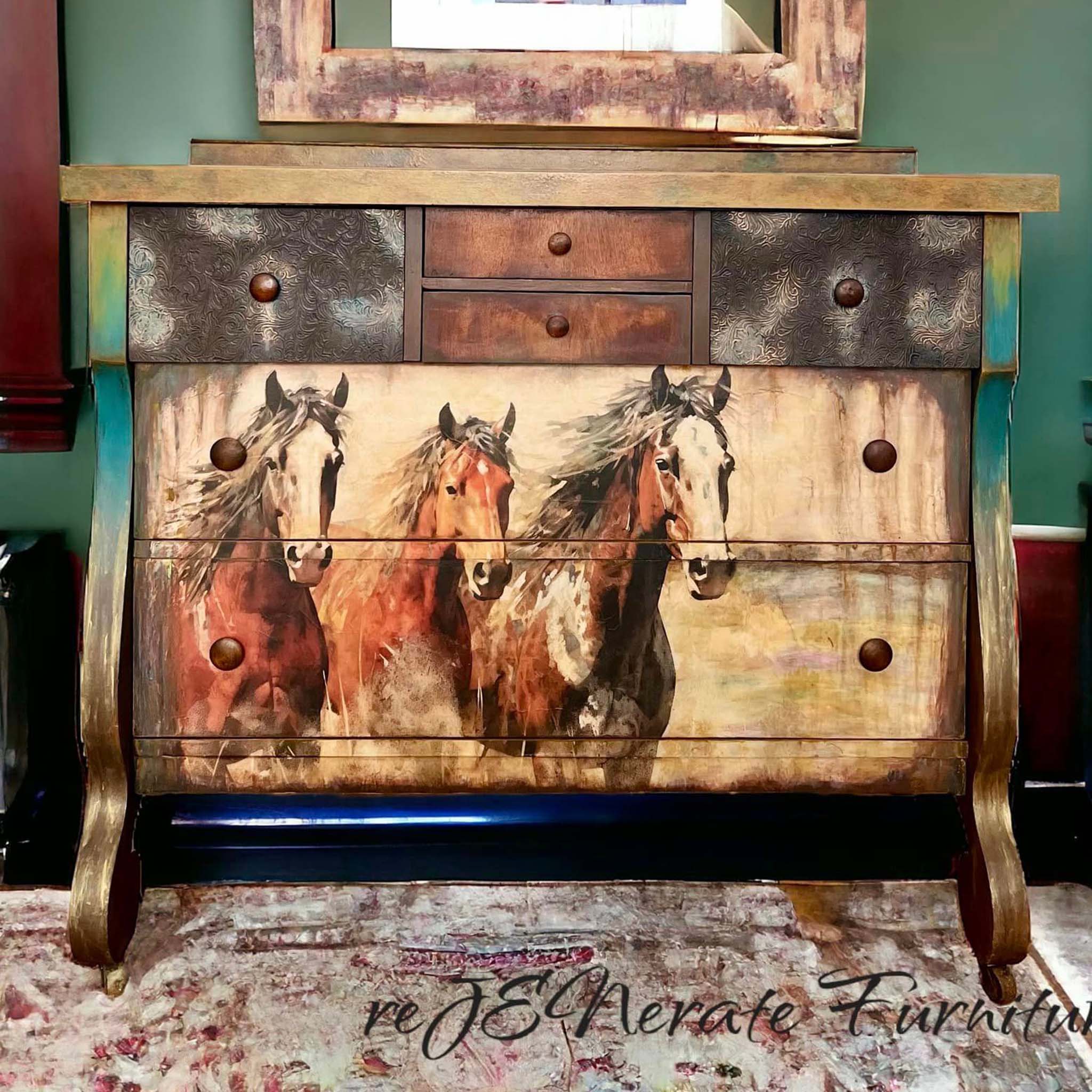 A vintage dresser features Whimsykel's Graceful Steeds decoupage paper on its 2 large bottom drawers. 