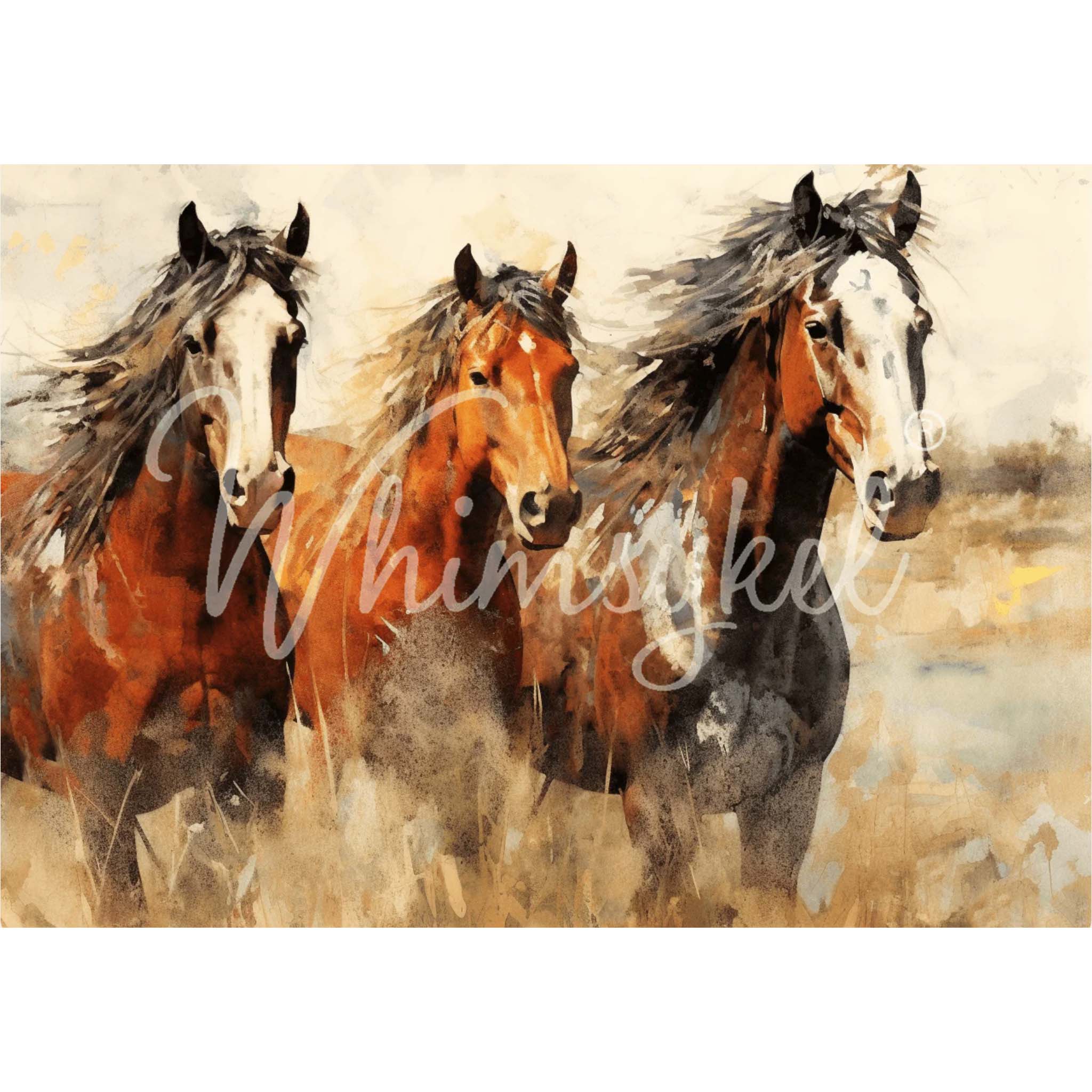Decoupage paper that features a watercolor-style design of three horses standing in a row in the tall grass. 