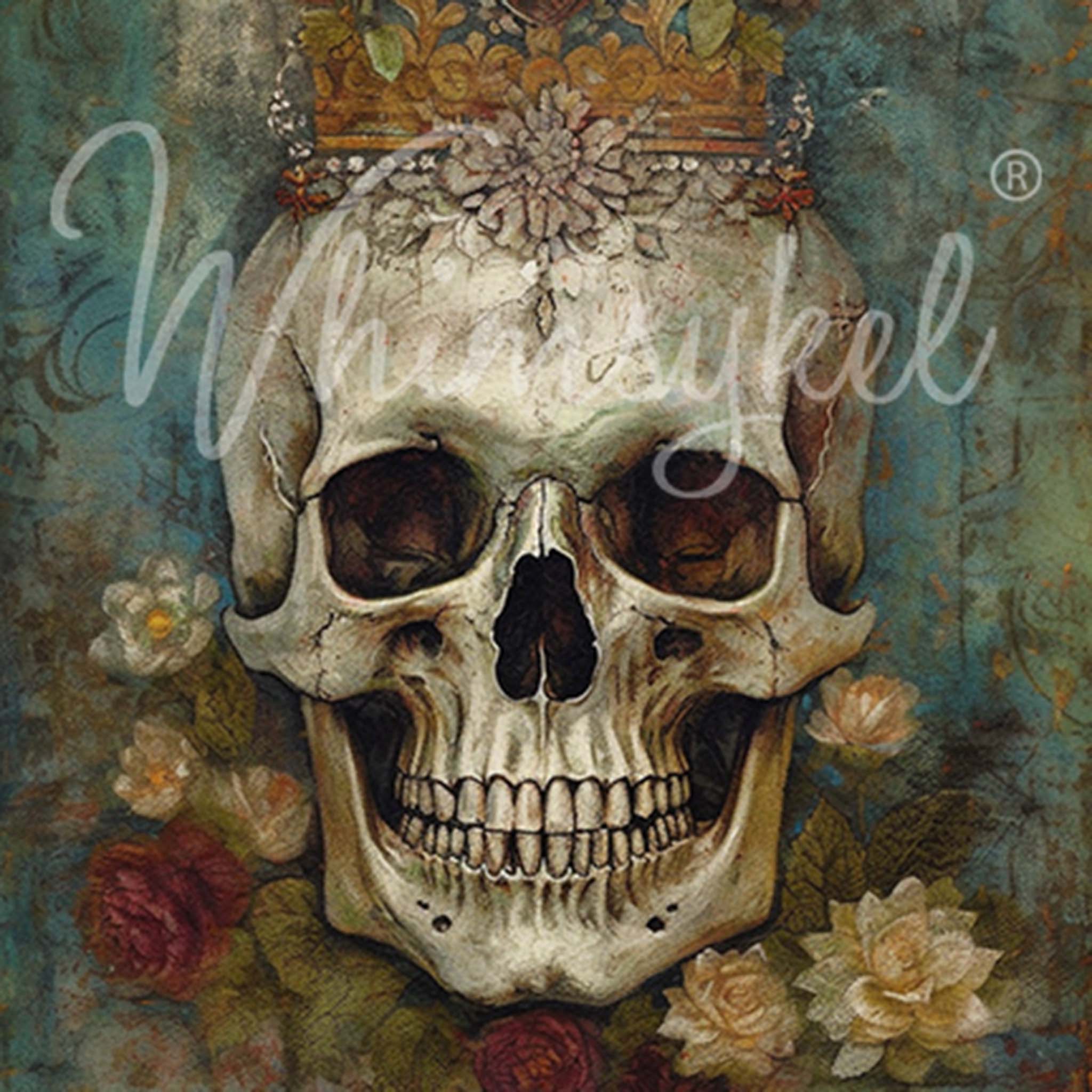 Close-up of Whimsykel's Skull Queen tissue paper that features dark and magical design of a skull with a crown and flowers.