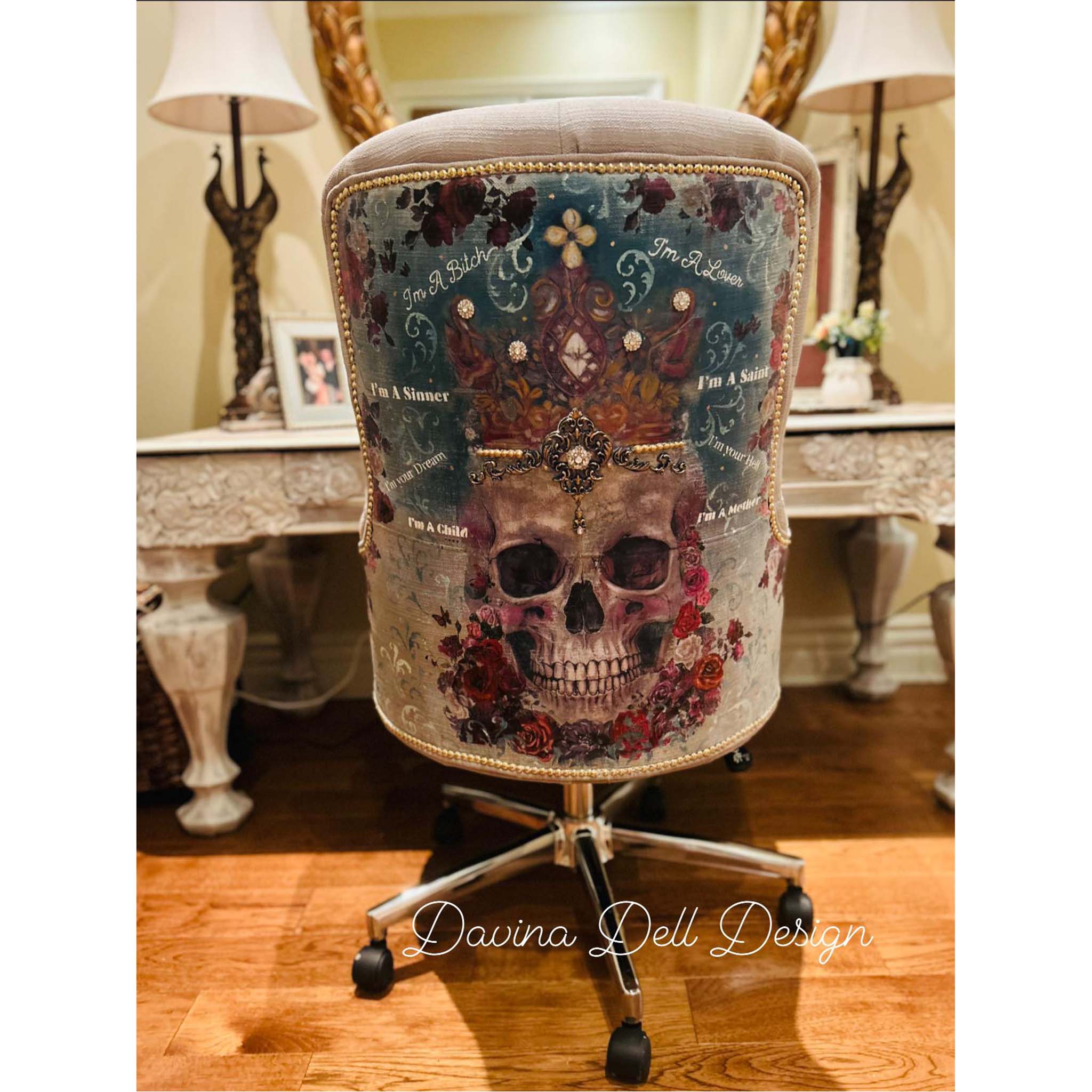 A vintage cushioned chair refurbised by Davina Dell Design features Whimsykel's Skull Queen tissue paper on the back of the chair.