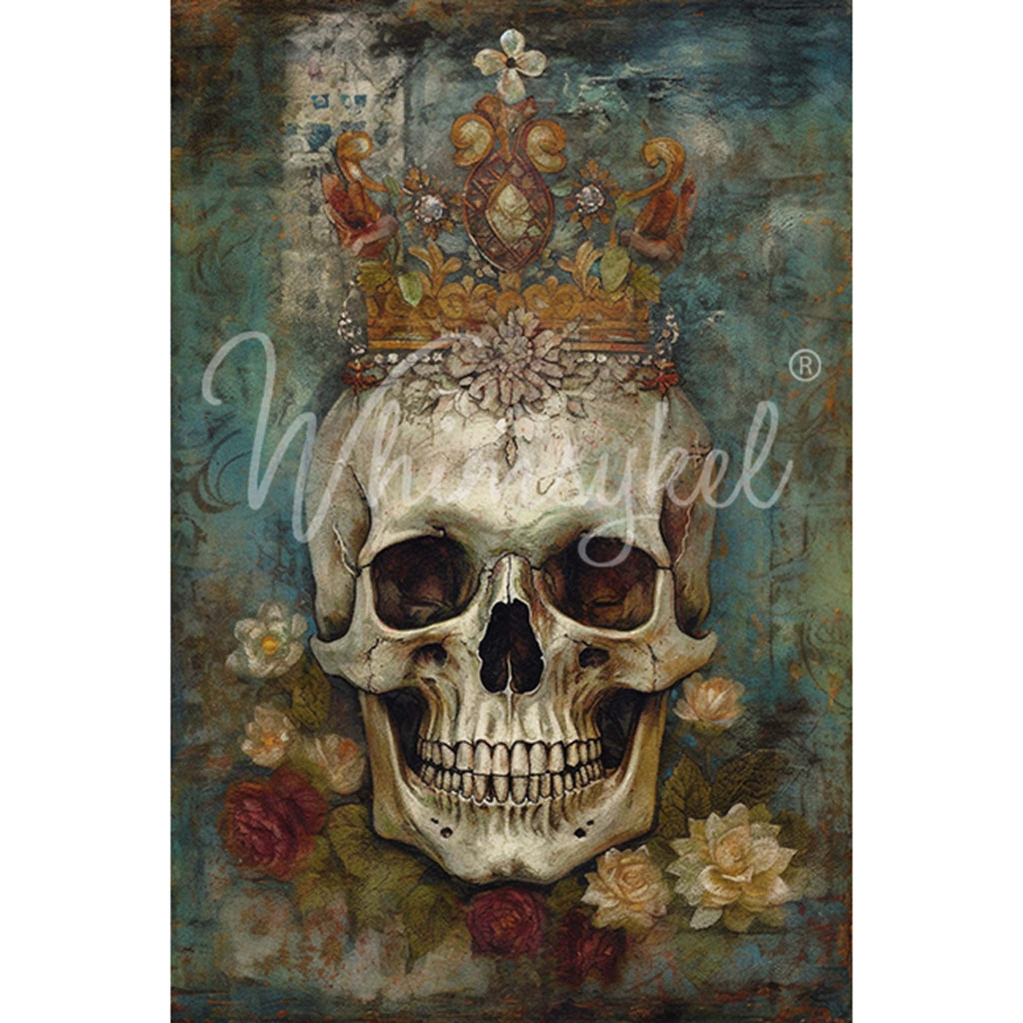 Whimsykel's Skull Queen tissue paper that features dark and magical design of a skull with a crown and flowers. White borders are on the sides.