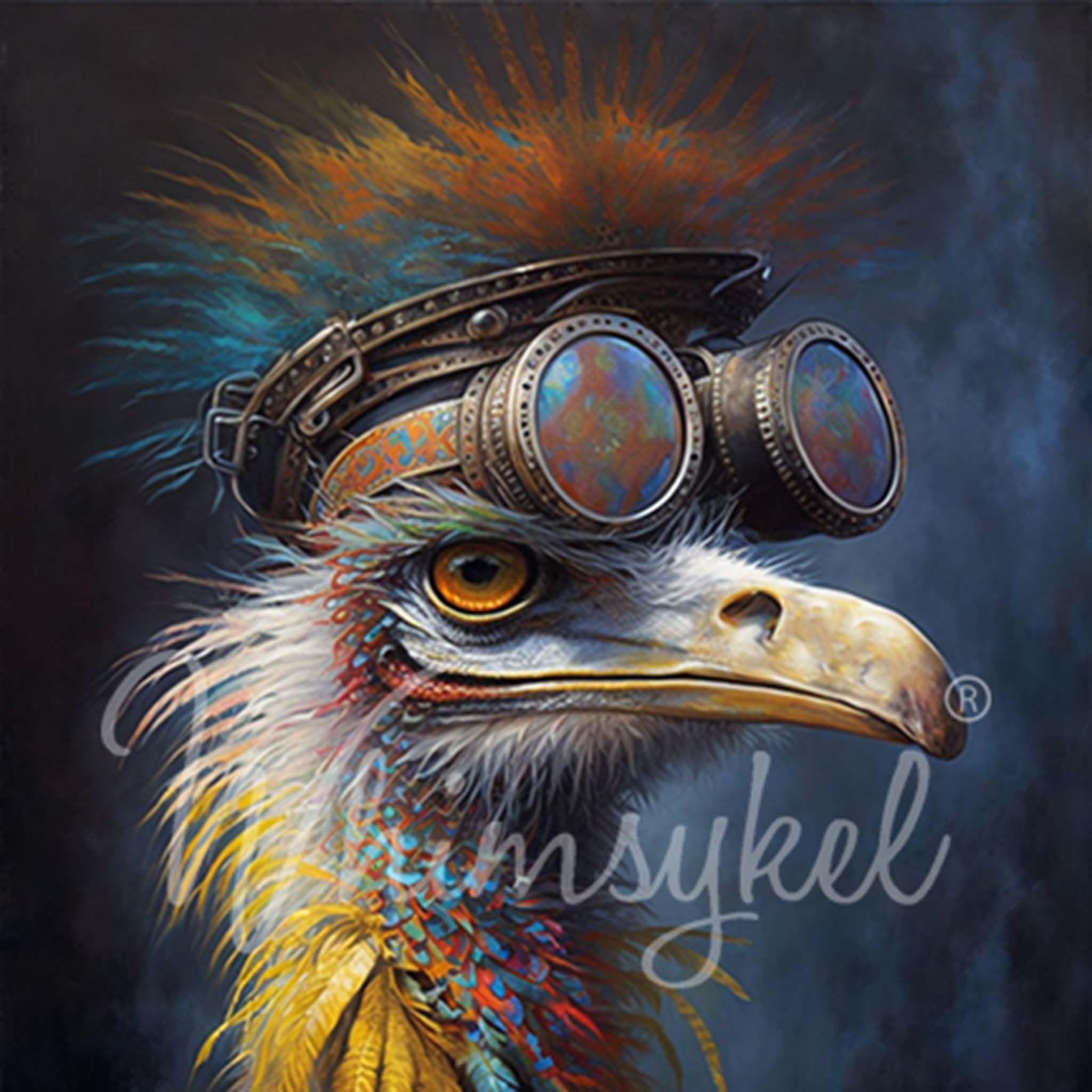 Close-up of a tissue paper design that features a delightful portrait of a bird that exudes a carefree and bohemian spirit with a leather jacket on and a Steampunk style cap and goggles on its head.