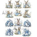 Rice paper against a white background features 12 scenes of bunnies and eggs decorated in trendy blue plaid and charming blue flowers.