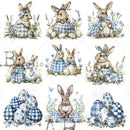 Close-up of a rice paper against a white background features 12 scenes of bunnies and eggs decorated in trendy blue plaid and charming blue flowers.