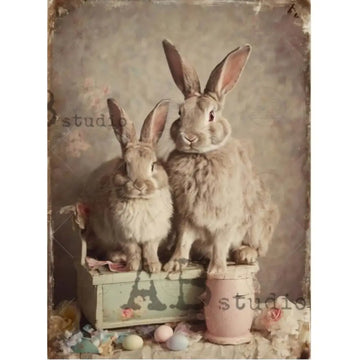 AB Studio Bunny Family Vintage Style A4 rice decoupage paper with two vintage bunnies, pastel Easter eggs, and shabby chic wooden box