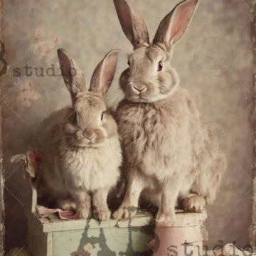 Closeup of vintage bunny pair on AB Studio Bunny Family Vintage Style A4 rice decoupage paper