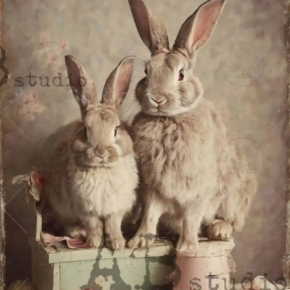 Closeup of vintage bunny pair on AB Studio Bunny Family Vintage Style A4 rice decoupage paper