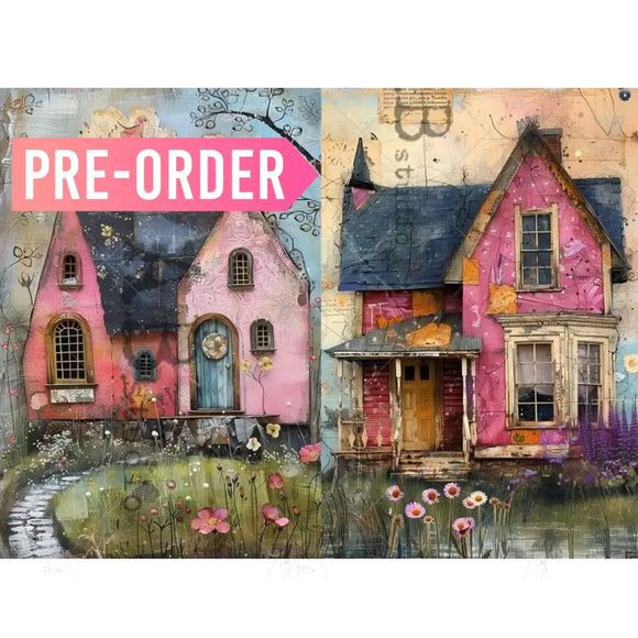 Two colorful houses with a garden and flowers on a decorative background