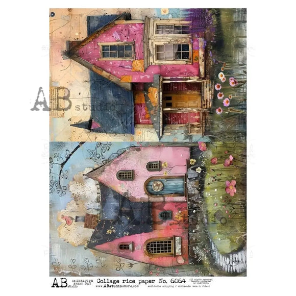 Two colorful houses with a garden and flowers on a decorative background
