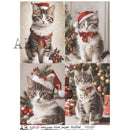 Collage of a cats wearing a Santa hat and red bow tie in various Christmas-themed settings.