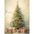 Rice paper featuring a vintage Christmas tree surrounded by wrapped presents.
