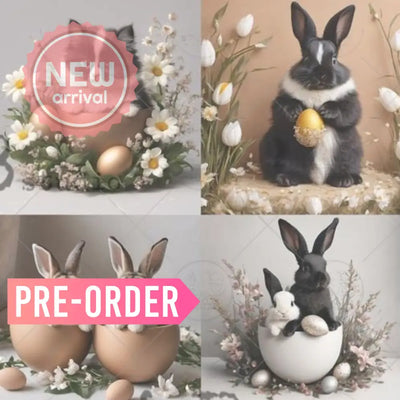 Closeup of AB Studio vintage Easter bunny and kitten collage images on A4 rice decoupage paper with eggs and spring flowers