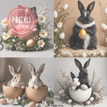 Closeup of AB Studio vintage Easter bunny and kitten collage images on A4 rice decoupage paper with eggs and spring flowers