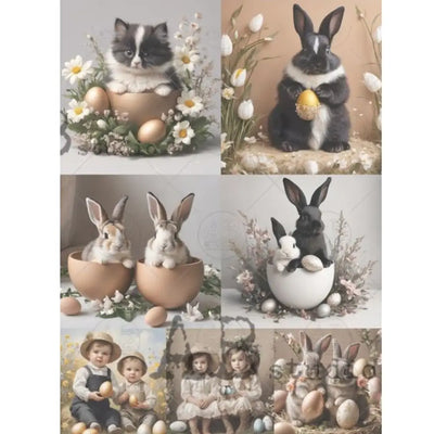 AB Studio cottagecore Easter collage A4 rice decoupage paper sheet with bunnies, eggs, vintage children, florals, and soft pastel tones