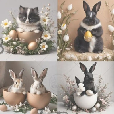 Closeup of AB Studio vintage Easter bunny and kitten collage images on A4 rice decoupage paper with eggs and spring flowers