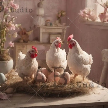 Closeup of AB Studio Cottagecore Hen Trio A4 rice decoupage paper featuring three white hens standing on straw with pastel Easter eggs and spring blossoms