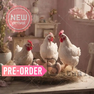 Closeup of AB Studio Cottagecore Hen Trio A4 rice decoupage paper featuring three white hens standing on straw with pastel Easter eggs and spring blossoms