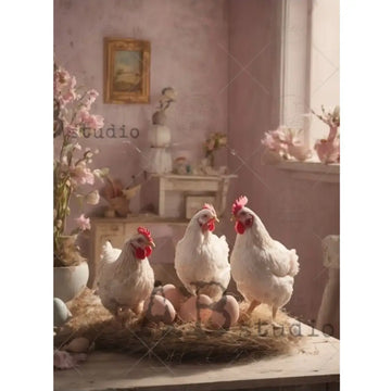 AB Studio Cottagecore Hen Trio A4 rice decoupage paper design with three white hens and pastel eggs in a soft pink shabby chic farmhouse room