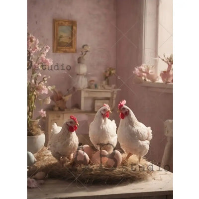 AB Studio Cottagecore Hen Trio A4 rice decoupage paper design with three white hens and pastel eggs in a soft pink shabby chic farmhouse room