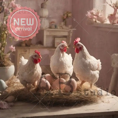 Closeup of AB Studio Cottagecore Hen Trio A4 rice decoupage paper featuring three white hens standing on straw with pastel Easter eggs and spring blossoms
