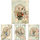 Four rice papers against a white background feature pastel scenes of bunnies in clothing holding flowers, set against vintage backgrounds.