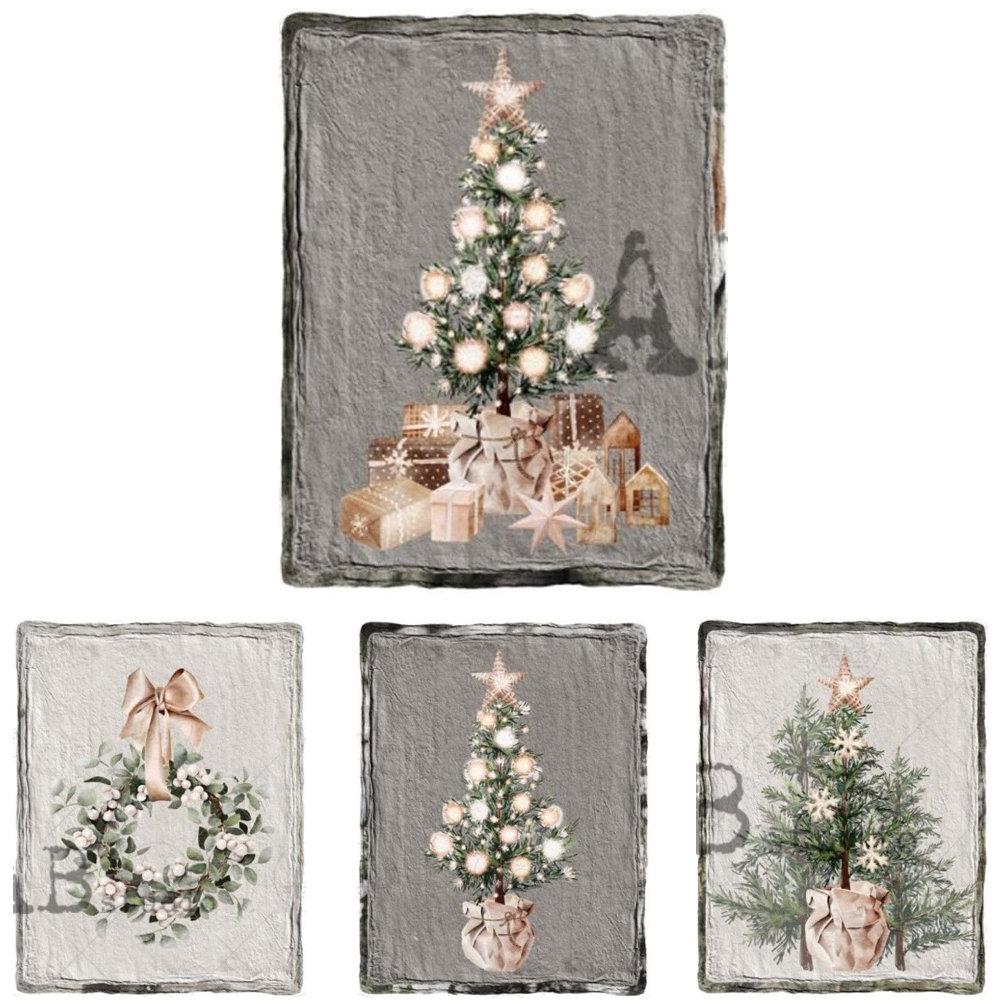 A4 rice paper design with 4 festive designs featuring farmhouse Christmas trees and a wreath are against a white background.