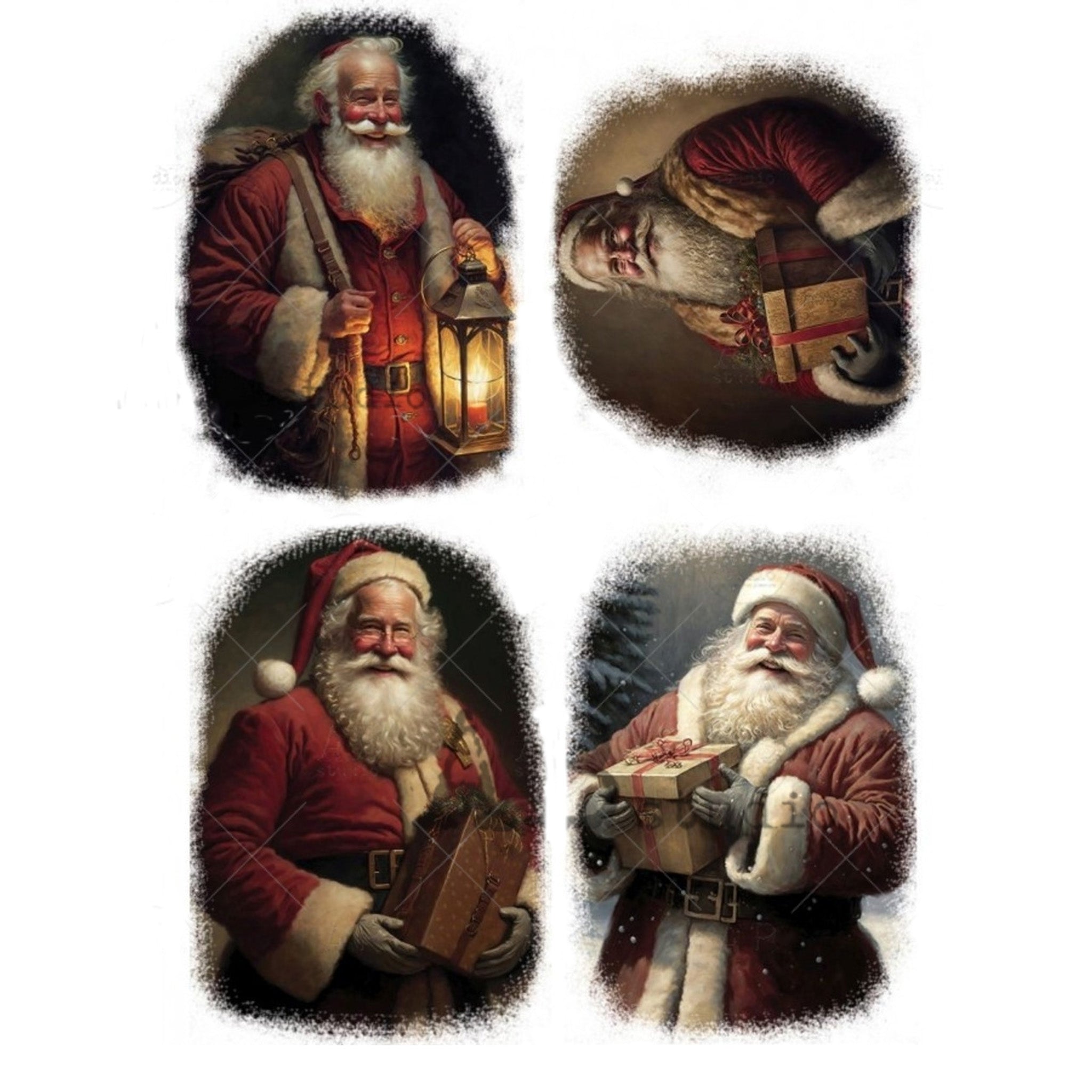 Rice paper featuring 4 jolly Santa portraits against a white background.