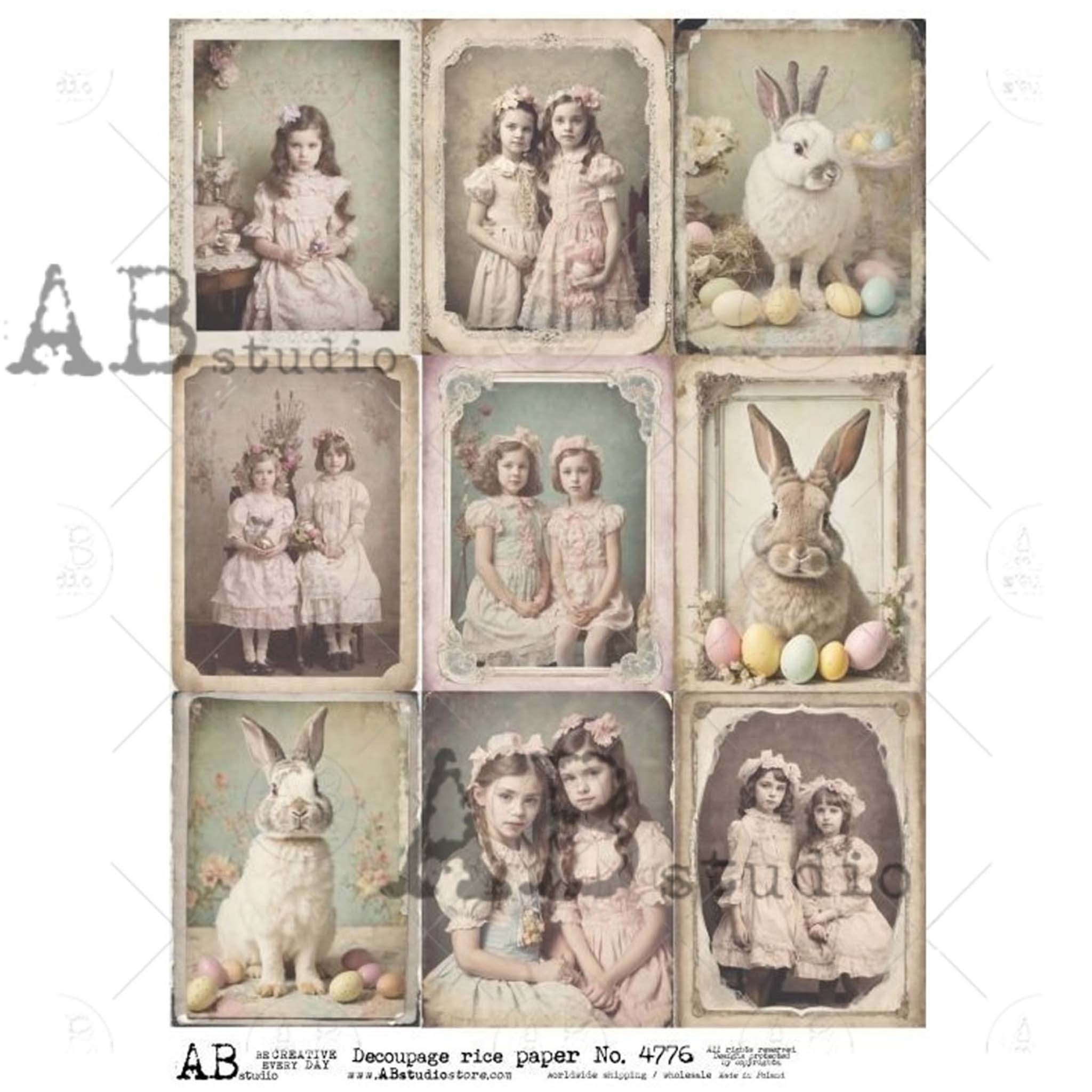 An A4 rice paper that  features 9 unique designs, including adorable bunnies with Easter eggs and charming vintage portraits of little girls in Easter dresses is against a white background.