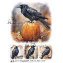 A4 rice paper that features four pictures of black ravens with fall scenery against a white background.