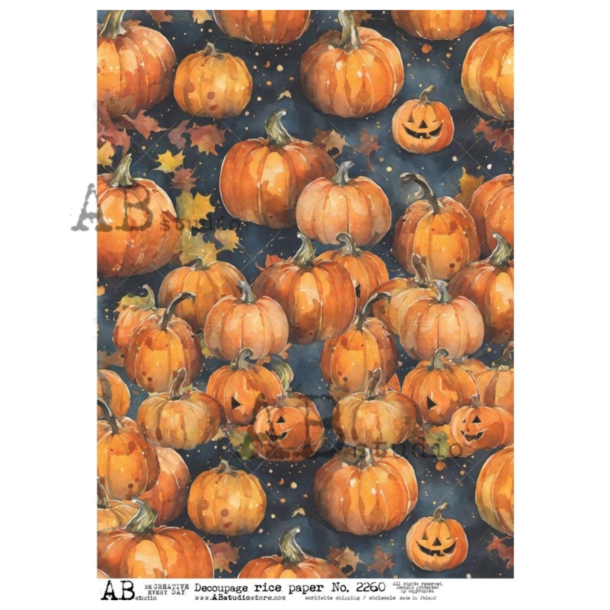A4 rice paper that features a smoky background, complete with fall leaves, pumpkins, and jack-o-lanterns. White borders are on the sides.