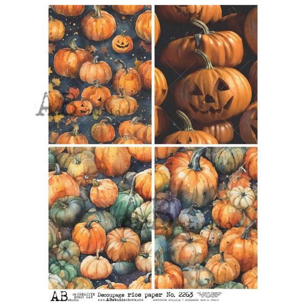 A4 rice paper that features 4 designs overflowing with pumpkins and gourds. White borders are on the sides.