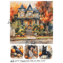 A4 rice paper featuring 4 beautiful autumn scenes of a Victorian House, raven, black cat, and a girl in a witch's hat.