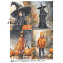 A4 rice paper that features four unique portraits of beautiful witches surrounded by stunning Fall scenes. White borders are on the sides.