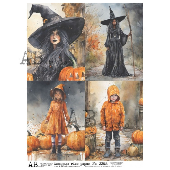 A4 rice paper that features four unique portraits of beautiful witches surrounded by stunning Fall scenes. White borders are on the sides.