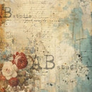 Close-up of a rice paper featuring red, white, and soft blue flowers over a vintage aqua and cream colored script document. 