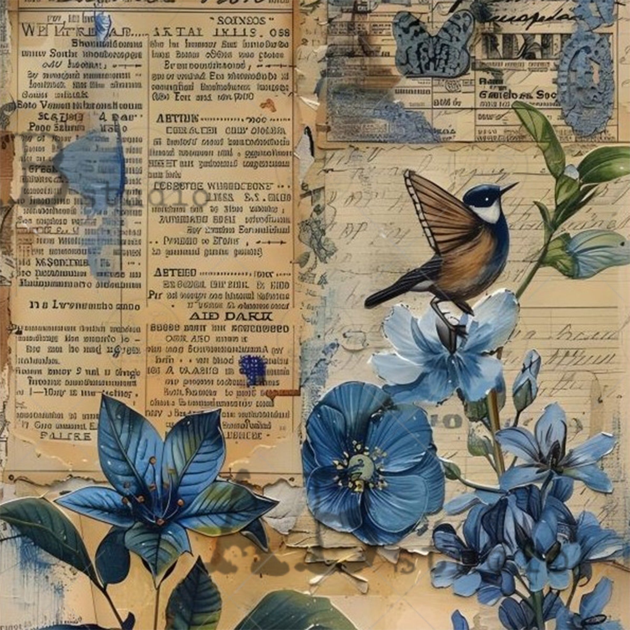 Close-up of a rice paper design that features a scene of blue flowers, butterflies, and a bird with butterfly wings against vintage notes and newspaper.