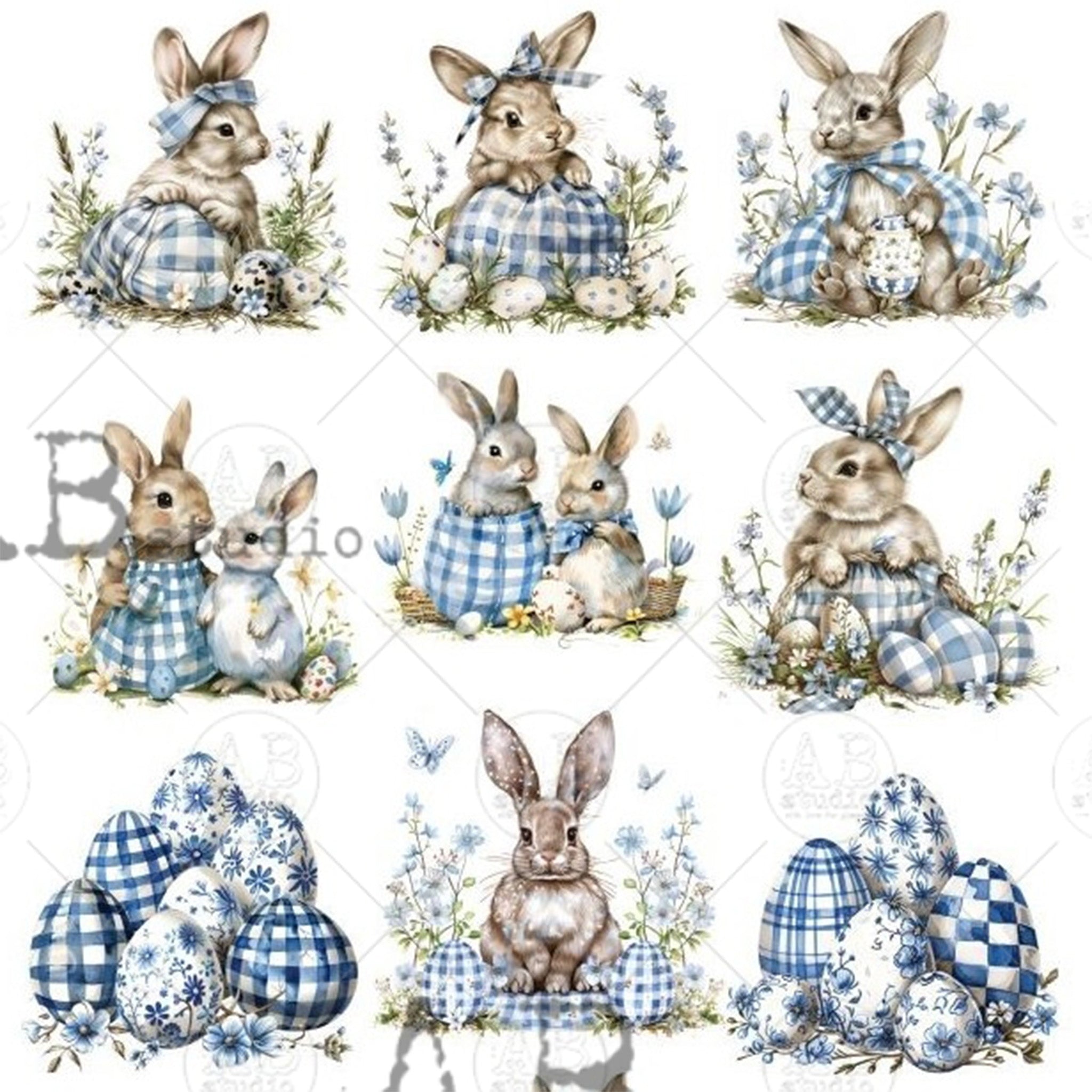 Close-up of a rice paper against a white background features 12 scenes of bunnies and eggs decorated in trendy blue plaid and charming blue flowers.