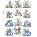 Rice paper against a white background features 12 scenes of bunnies and eggs decorated in trendy blue plaid and charming blue flowers.